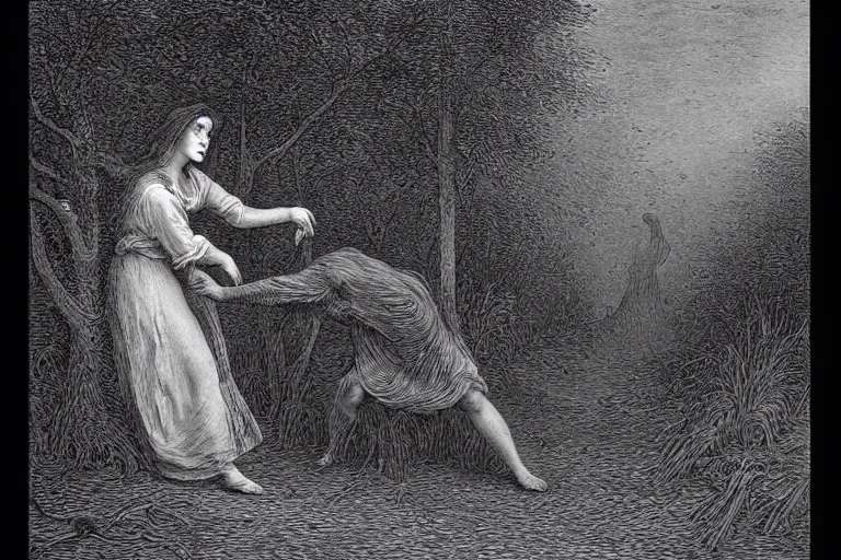 Prompt: werewolf in the garden hunting young french woman, Gustave Dore lithography