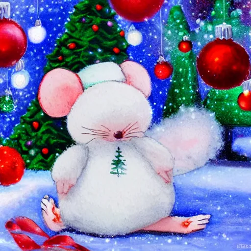 Image similar to cute fluffy mouse sitting by a christmas tree with lights and ornaments and snow detailed painting 4 k