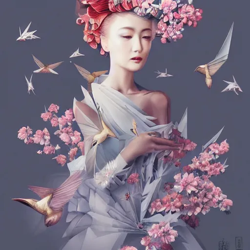 Prompt: 3 / 4 view of a beautiful girl wearing an origami dress, eye - level medium shot, fine floral ornaments in cloth and hair, hummingbirds, elegant, by eiko ishioka, givenchy, carl - gustav carus, by peter mohrbacher, centered, fresh colors, origami, fashion, detailed illustration, vogue, japanese, reallusion character creator