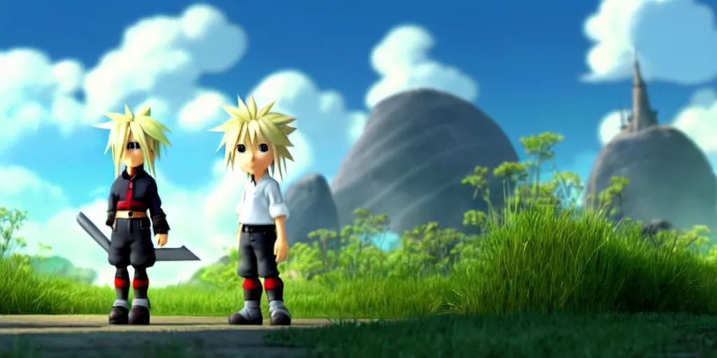 Image similar to a wholesome animation key shot of cloud strife studio ghibli pixar and disney animation sharp render