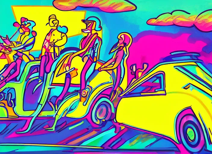 Image similar to a squad riding to party inside car, 5 people, water splashes, pop art, party lightning, evening, kandinsky, trending on art station, prolongated lines, neon tails, photorealistic style