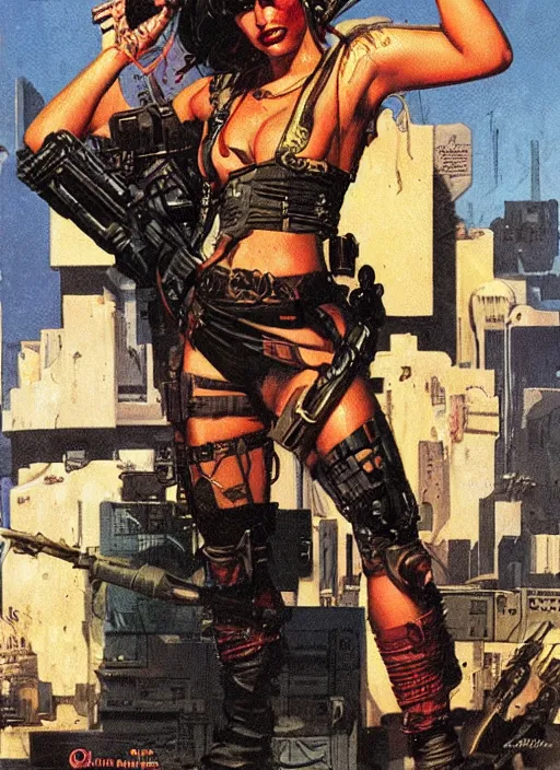 Image similar to cyberpunk mercenary. portrait by clyde caldwell and will eisner and gil elvgren