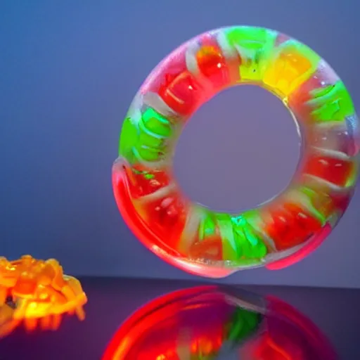 Image similar to a futuristic robot gummi worm. dramatic product lighting. it's a gummi with extra juiciness. but it's also a worm. ick. trendy food truck.