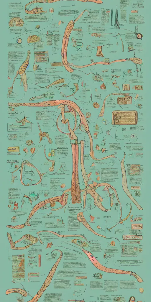 Prompt: anatomy of a futurama, diagrams, map, marginalia, sketchbook, old script, inhabited initials, pastel infographic by Wes Anderson and victo ngai