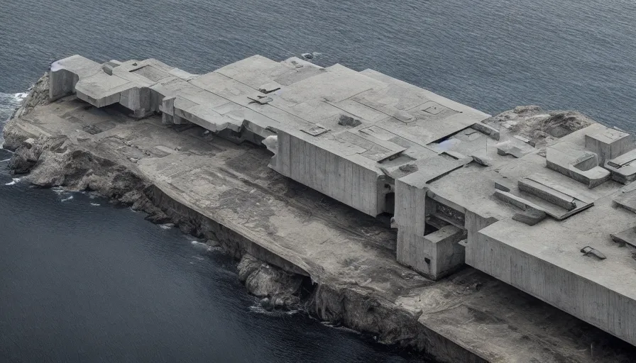 Image similar to big brutalist military base on cliffs, drawing architecture, sea, very long shot, top angle, pritzker architecture prize, science fiction, control the game, brutalism, earthbound, jan urschel