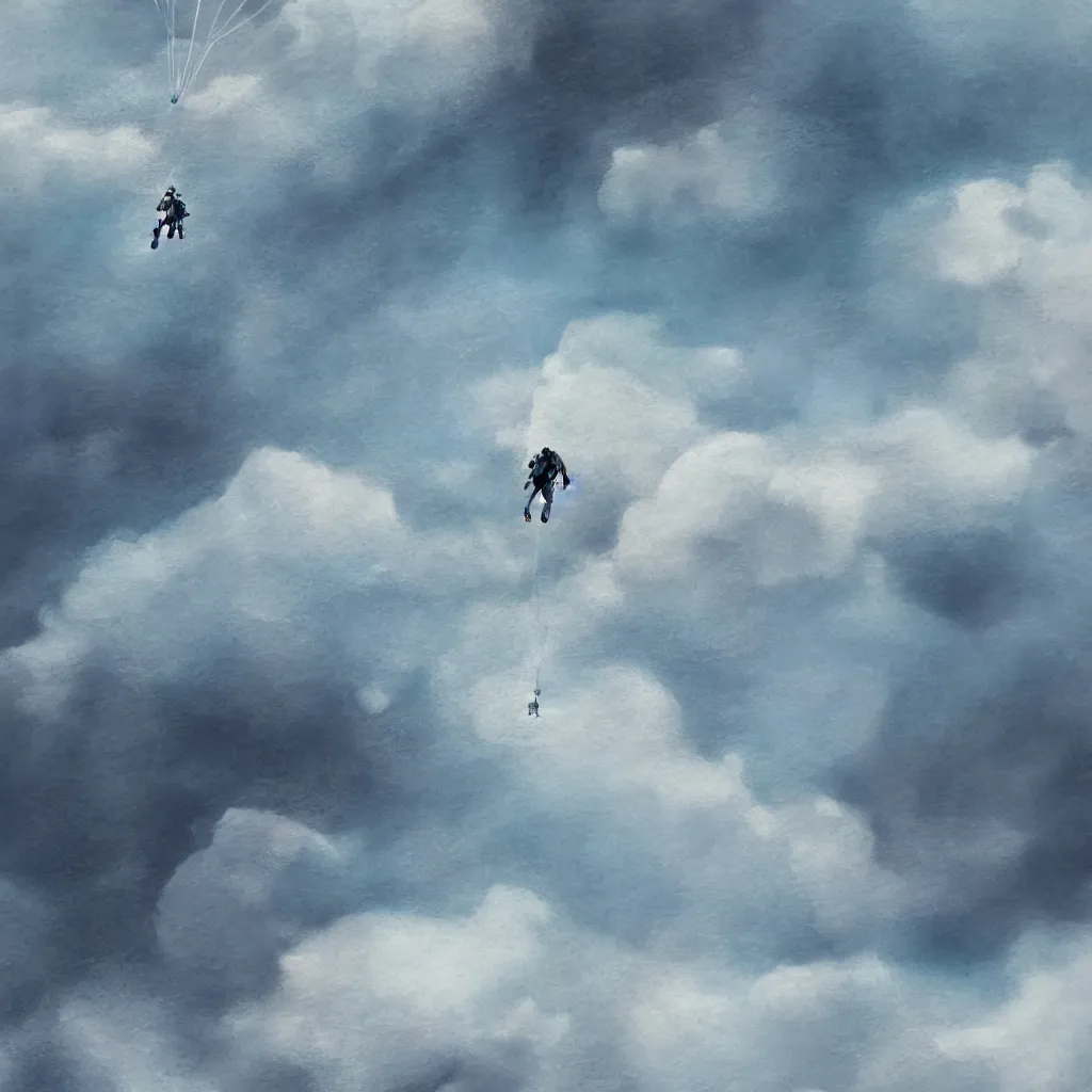 Image similar to a single scubadiver floating above the clouds, closeup, digital drawing