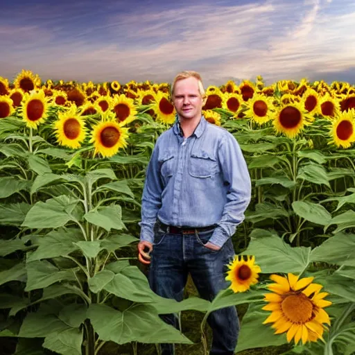 Prompt: realistic, detailed photograph of a white - skinned farmer standing a field of sunflowers with a background of the sky