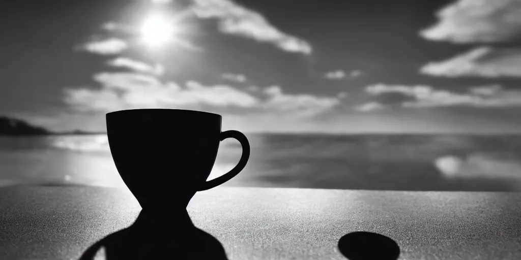 Prompt: a cup of eye, morning, black and white, sun, calm environment, professional photography, focus