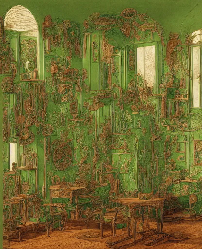 Image similar to room interior with furniture, green colors, designed by ernst haeckel, art forms in nature, afternoon light, intricate high details, sharp, ultradetailed