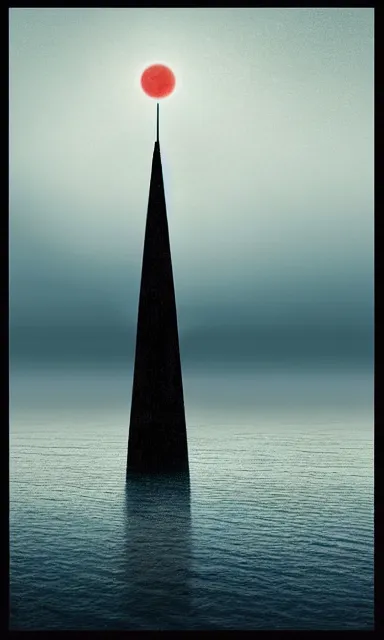 Prompt: lone dark tower in the center of a serene vast ocean, album artwork, album cover, expressionist, minimal