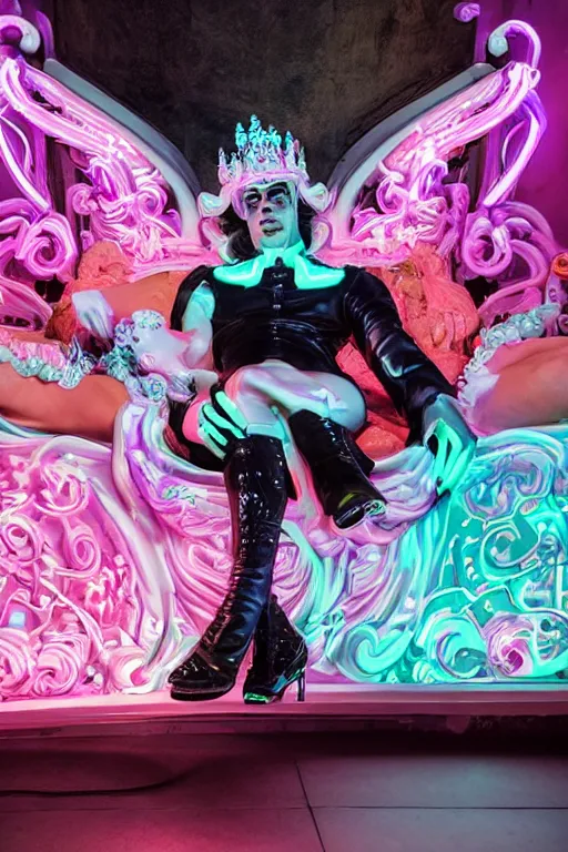 Image similar to full-body rococo and cyberpunk style neon statue of a young attractive Cubano macho dotado e rico android sim roupa reclining con las piernas abertas e la piroca dura, glowing white laser eyes, prince crown of mint gears, pink diamonds, swirling black-colored silk fabric. futuristic elements. black flowing tar. full-length view. space robots. human skulls. intricate artwork by caravaggio. Trending on artstation, octane render, cinematic lighting from the right, hyper realism, octane render, 8k, depth of field, 3D