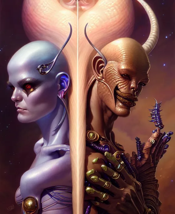 Image similar to beautiful gemini good and evil fantasy character portrait, ultra realistic, wide angle, intricate details, the fifth element artifacts, highly detailed by peter mohrbacher, hajime sorayama, wayne barlowe, boris vallejo, aaron horkey, gaston bussiere, craig mullins