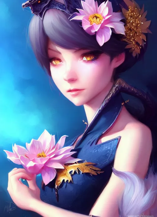 Image similar to cute little dragon flowers, blue black pink, gold, diamonds, highly detailed, artgerm, cushart krenz, artstation, soft light, sharp focus, illustration, character design, concept art