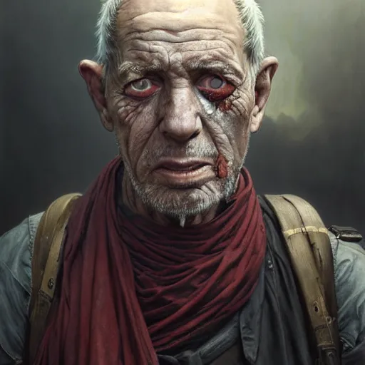 Prompt: portrait painting of a post - apocalyptic older american eyeless man wearing monk garbs with a scrap pauldron, ultra realistic, concept art, intricate details, eerie, highly detailed, photorealistic, octane render, 8 k, unreal engine. art by artgerm and greg rutkowski and charlie bowater and magali villeneuve and alphonse mucha