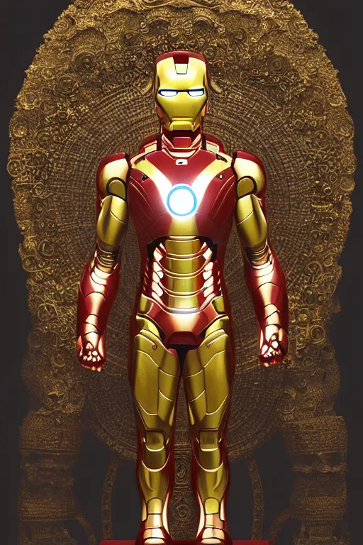 Image similar to digital masterpiece illustration concept art of porcelain statue of buddha gautama as iron man, varasana, extremely detailed and intricate complexity, epic composition, magical atmosphere, cinematic lighting, wide long shot, trending on artstation, 8 k