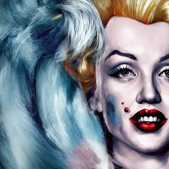 Image similar to portrait of Marilyn Monroe as a harley quinn. intricate abstract. intricate artwork. by Tooth Wu, wlop, beeple, dan mumford. octane render, trending on artstation, greg rutkowski very coherent symmetrical artwork. cinematic, hyper realism, high detail, octane render, 8k, iridescent accents