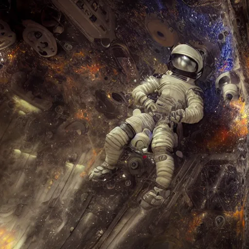 Image similar to concept art by craig mullins astronaut in futuristic dark and empty spaceship underwater. infrared complex and hyperdetailed technical suit. mandelbulb fractal. reflection and dispersion materials. rays and dispersion of light. volumetric light. 5 0 mm, f / 3 2. noise film photo. flash photography. unreal engine 4, octane render. interstellar movie art. cold tones