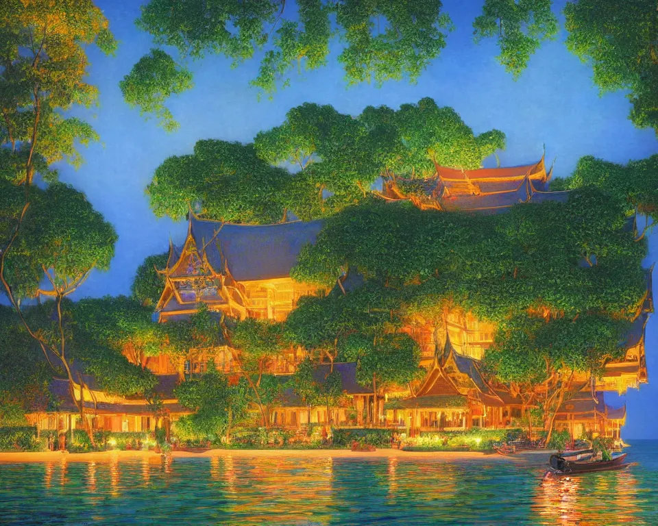 Prompt: an achingly beautiful print of a vibrant Thailand four seasons hotel, lit by glowing lanterns and covered in ivy, on the shores of Koh Phi Phi by Raphael, Hopper, and Rene Magritte. detailed, romantic, trending on artstation.