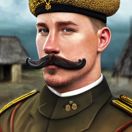 Prompt: fullbody portrait of channing tatum with handlebar moustache, wearing russian ww 1 clothes, with fully black high busby on head, white thatch houses at background, style ivan talavera and artgerm, radiant lighting, hyper realistic, photorealistic, octane render, trending on artstation, cgsociety, cinematic light, global illumination