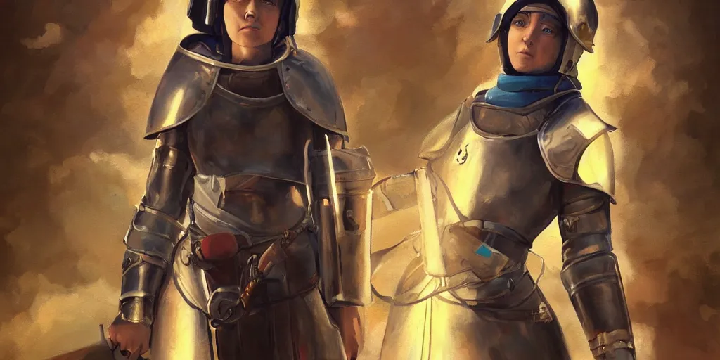 Prompt: An epic fantastic realism comic book style painting of a medieval woman ship pilot, wearing shiny breastplate, ship at sea, Kimi no Na Wa, dynamic lighting