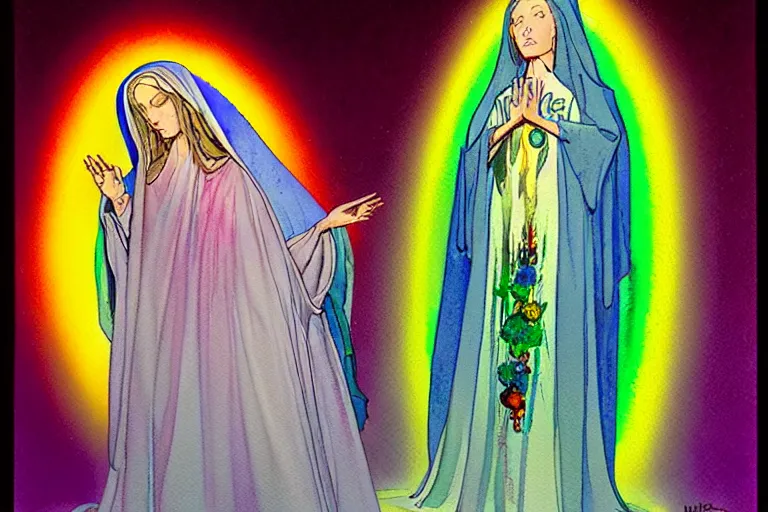 Image similar to a hyperrealist watercolour character concept art portrait of the blessed mary in rainbow gown on well lit night in las vegas, nevada. there is a ufo. neon roses. by rebecca guay, michael kaluta, charles vess and jean moebius giraud