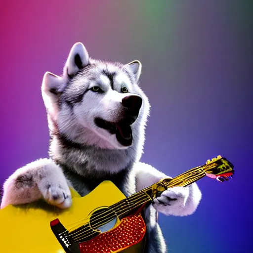 Image similar to anthropomorphic husky performing in a concert, holding a guitar, dslr photo, indoor, cinematic lightning