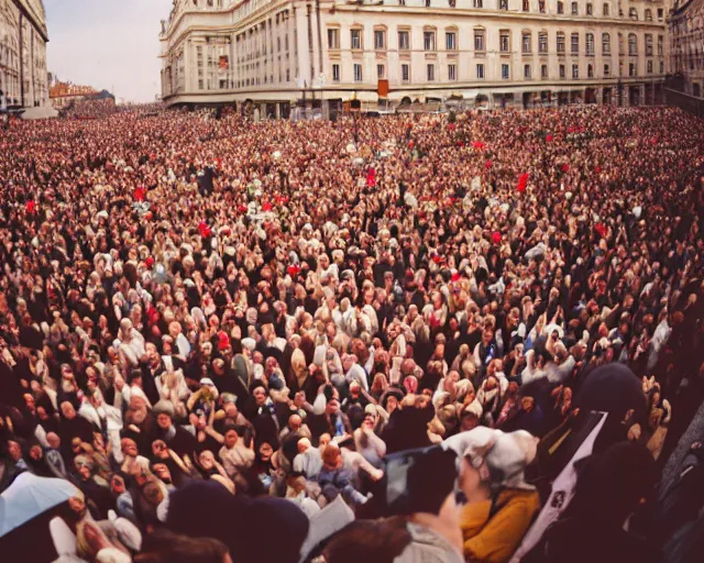 Image similar to crowd rally against a large leg in vienna, shot on kodak portra 4 0 0 3 5 mm film