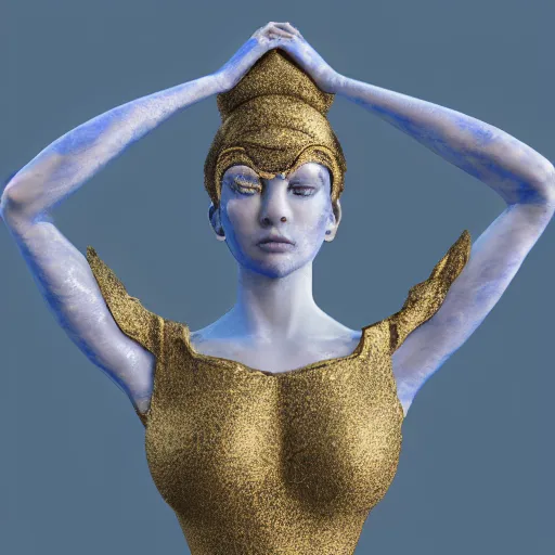 Prompt: a blue marble statue masterpiece of a gorgeous woman made from blue marble with white and gold, macro detailed oily skin. highly detailed, sharpness. victorian dress. hyper realistic., close up, face only, portrait, bright lights, bright render, octane render, corona render