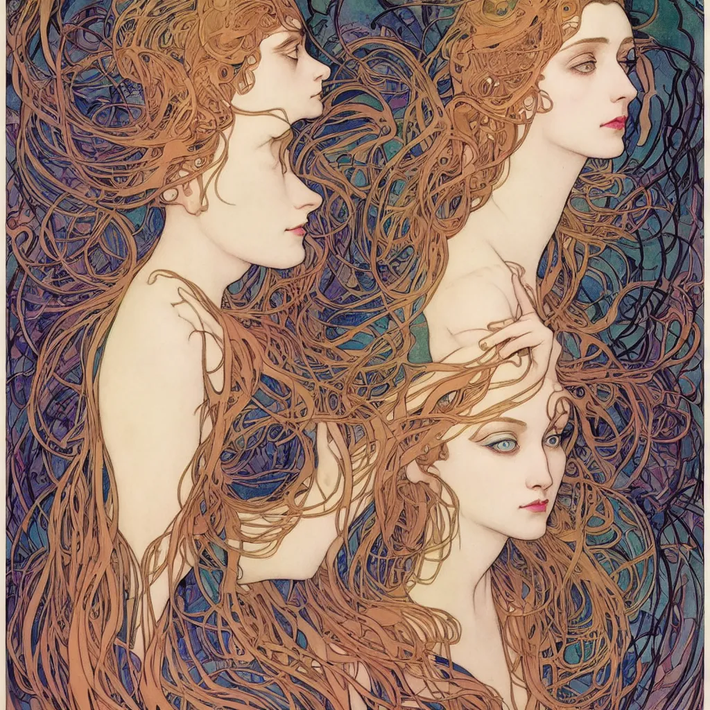 Image similar to The Goddess of Art, beautiful eyes, symmetrical face, paint, ink, palettes, spectrum, in the style of Joshua Middleton, Mucha, Kandinsky