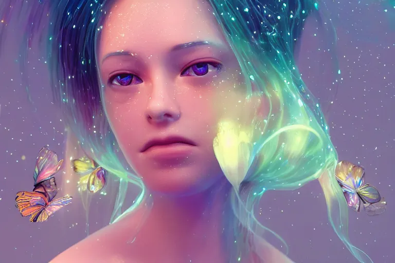 Prompt: a very beautiful dreamy hyper realistic portrait of a beautiful! glass woman made of transparent glossy glass skin surrounded with glowing butterflies and jellyfish, realistic detailed faces, rendered by beeple, by makoto shinkai, syd meade, space art concept, sci - fi, digital art, unreal engine, wlop, trending on artstation, 4 k uhd image, octane render
