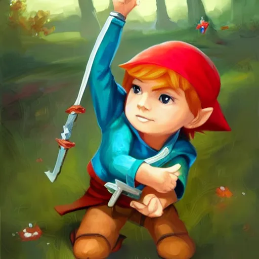 Image similar to attractive little boy character inspired in little hood red and link from legend of zelda, digital artwork made by lois van barlee, james jean and rhads