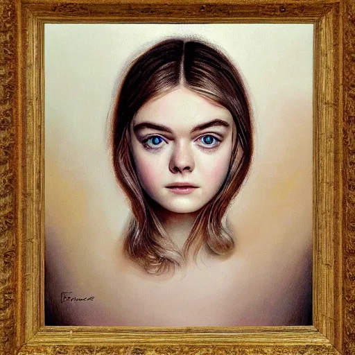 Image similar to professional painting of Elle Fanning in the style of Johfra Bosschart, head and shoulders portrait, symmetrical facial features, smooth, sharp focus, illustration, intricate, stormy weather, extremely detailed masterpiece,