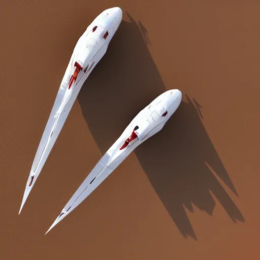 Prompt: two sleek white very long intricate spacecraft with minor red details, flying in formation, no wings, highly detailed, photorealistic, cinematic, sci-fi, octane render, bird\'s eye view, background of the surface of mars