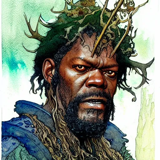 Image similar to a realistic and atmospheric watercolour fantasy character concept art portrait of samuel l. jackson as a druidic warrior wizard looking at the camera with an intelligent gaze by rebecca guay, michael kaluta, charles vess and jean moebius giraud