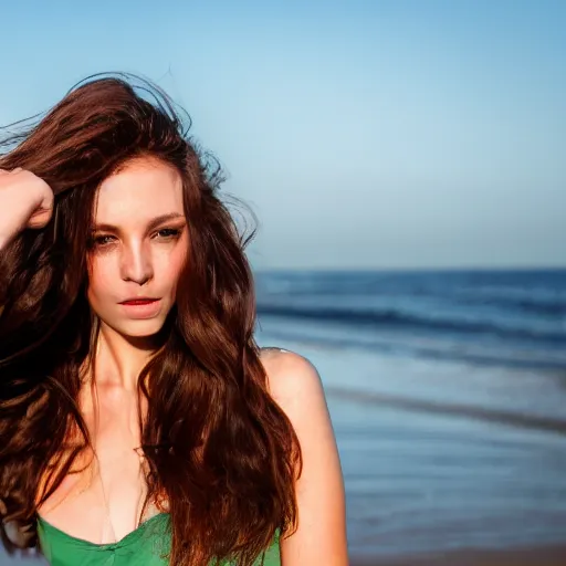 Image similar to A cute and beautiful woman with long shiny bronze brown hair and green eyes, 8k, natural lighting, beach background, medium shot, mid-shot,