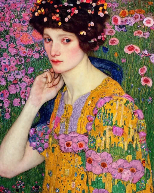 Prompt: a beautiful swiss girl in a colourful dress with surrounded by colourful patterns and flowers, by gustave klimt and edgar maxence and caravaggio and michael whelan, artistic, intricate drawing, light brazen, realistic fantasy, extremely detailed and beautiful aesthetic face, 8 k resolution, dramatic lighting