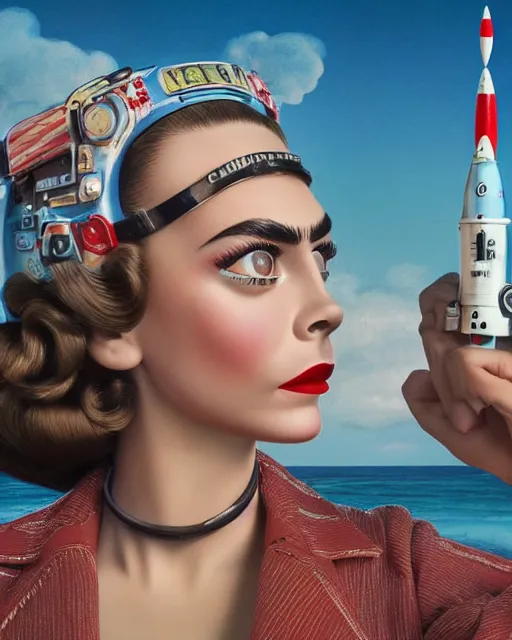 Prompt: closeup face profile portrait of a tin toy retro 1 9 5 0 s cara delevingne at a rocket launch, bikini, depth of field, zeiss lens, fashion photoshoot by nicoletta ceccoli, mark ryden, lostfish, breathtaking, detailed and intricate environment, 8 k resolution, extremely detailed, beautiful, establishing shot, artistic, hyperrealistic, octane render