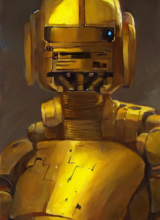 Prompt: human-sized strong intricate yellow pit droid, pancake short large head painterly humanoid mecha, by Greg Rutkowski