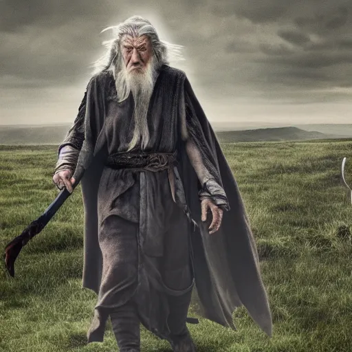 Prompt: distant landscape photo of the evil ian mckellen as gandalf in a dark viking hood playing odin all father from the thor movie walking through an open grass field as a malicious entity, highly detailed, cinematic shot, cinematic lighting, 8 k, exquisit facial detail