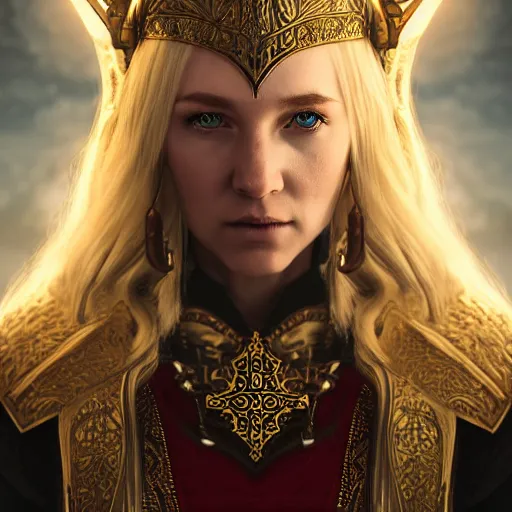 Image similar to the elder scrolls vi, charismatic regal blonde high elf female jarl, portrait, throne room, atmospheric lighting, painted, intricate, volumetric lighting, beautiful, daytime, sunny weather, slight overcast, sharp focus, deep colours, ultra detailed, by leesha hannigan, ross tran, thierry doizon, kai carpenter, ignacio fernandez rios