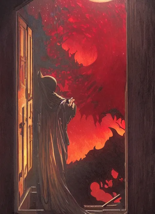 Image similar to view through window! nosferatu, red splash aura in motion, church! floating pieces, painted art by tsuyoshi nagano, greg rutkowski, artgerm, alphonse mucha, spike painting