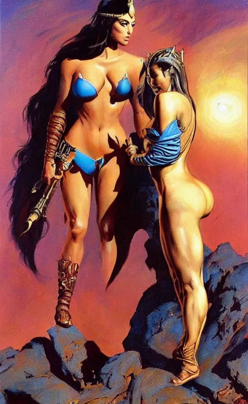 Prompt: princess of mars but with kim kardashian, epic painting by frank frazetta and boris vallejo