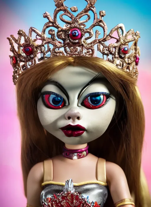 Image similar to closeup face profile portrait of tin toy bride of chucky as a fairytale princess wearing a crown eating cakes, bikini, depth of field, zeiss lens, detailed, symmetrical, centered, fashion photoshoot, by nicoletta ceccoli, mark ryden, lostfish, breathtaking, 8 k resolution, extremely detailed, beautiful, establishing shot, artistic, hyperrealistic, octane render