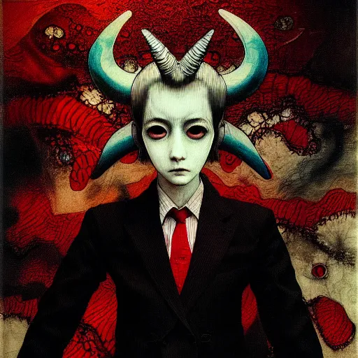 Image similar to yoshitaka amano blurred and dreamy realistic three quarter angle horror portrait of a sinister young woman with short hair, horns and red eyes wearing office suit with tie, junji ito abstract patterns in the background, satoshi kon anime, noisy film grain effect, highly detailed, renaissance oil painting, weird portrait angle, blurred lost edges