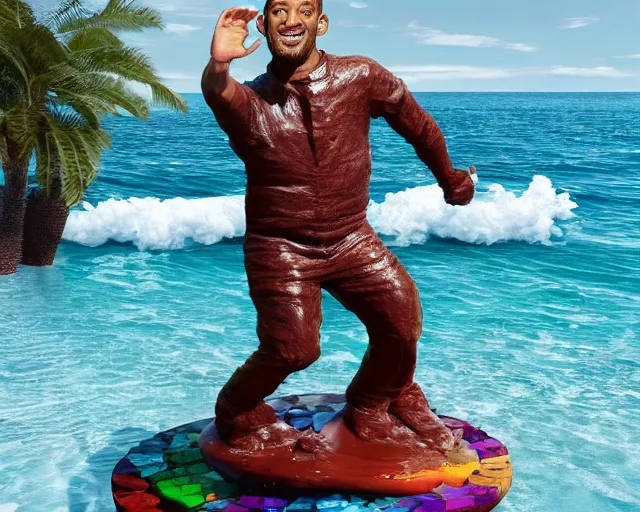 Prompt: a giant sculpture of will smith as a gummy bear on the ocean water, award winning, hyper - realistic, very detailed, realistic water splashes, ray tracing, 8 k resolution, long - shot, sharp focus, low angle, 8 5 mm photograph, wide lens