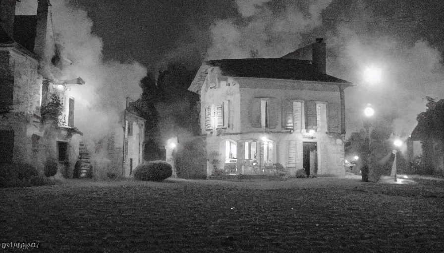 Image similar to mini dv still of a heavy burning french style little house by night in autumn, in a small northern french village, by sony mini dv camera, heavy grain, low quality, high detail, dramatic light, anamorphic, flares