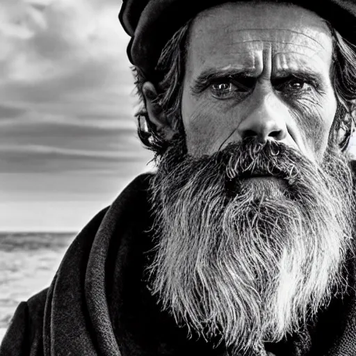 Image similar to Willem Dafoe with a beard in The Lighthouse (2019), high contrast, black and white cinematography