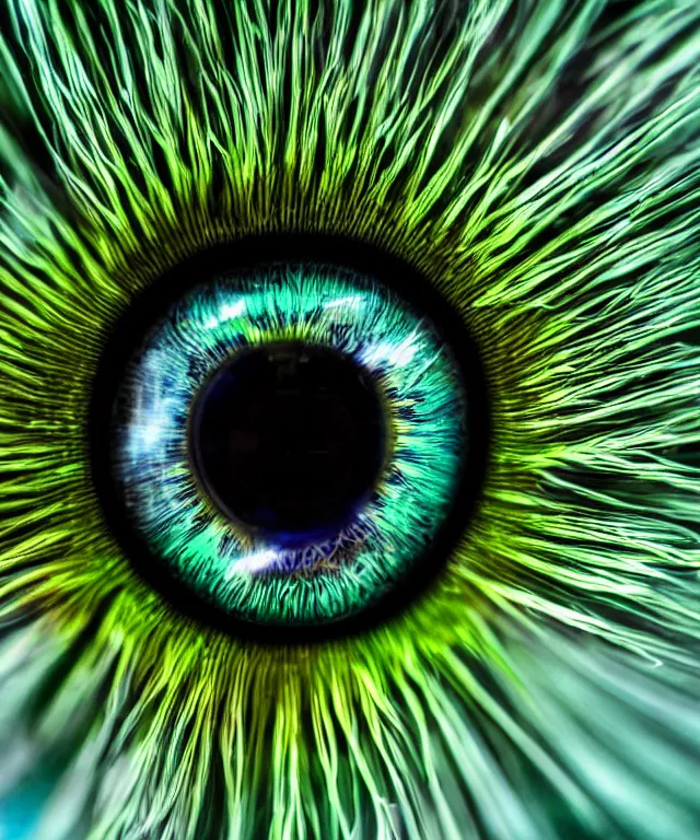 Prompt: close up of a green eye iris, perfect composition, symmetrical, blue electrical sparks, macro lens, 7 0 mm, highly detailed