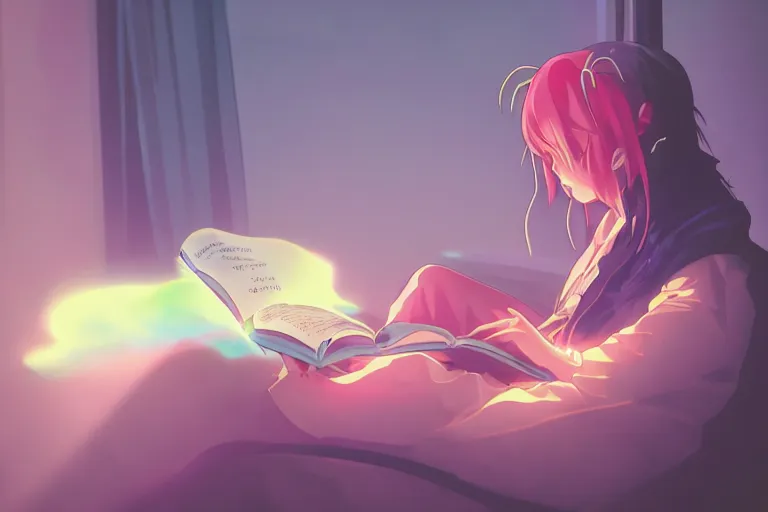 Prompt: an anime wizard reading a book, misty, glows, digital art, hazy, foggy, ambient lighting, 8 k, neon, synthwave,