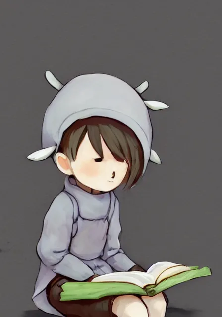 Image similar to beautiful little boy wearing sheep suit reading a book while sitting on chair, gray, blue, green and brown pallet color. made in abyss art style, inspired in kris from deltarrune, cute detailed artwork, anatomically correct, soft details, ilya kuvshinov, reflection, perfect composition, mobile wallpaper, illumination, helltaker